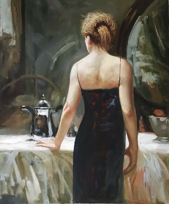 Portrait femme de dos tableau peinture huile sur toile / woman back oil  painting on canvas -  France