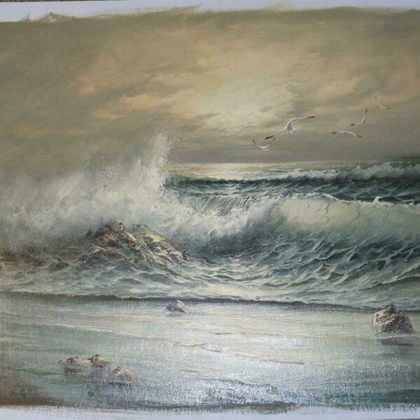 paysage marin plage vague art peinture huile sur toile / seascape wave oil painting on canvas