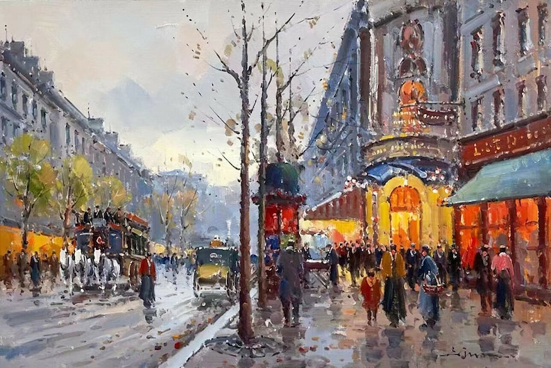 scène de rue Les Grands Boulevards Paris hiver tableau peinture huile sur toile signée / Paris street oil painting on canvas image 1