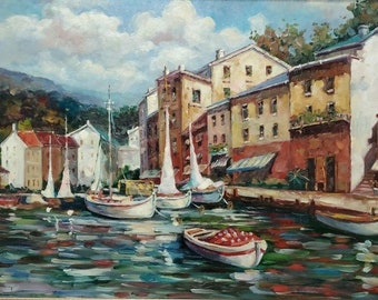 Harbor sea Boats Hand Painted Original Oil Painting by Liuhan Mountain House oil painting on canvas Framed