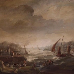 May include: An antique oil painting depicting a coastal scene with sailboats on choppy water under a cloudy sky. Buildings line the shore, and figures are visible near the water's edge. The artwork has a muted color palette.
