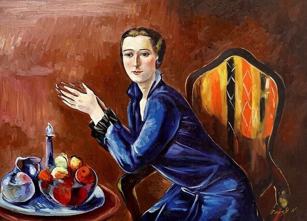 Portrait Young Woman in Blue Dress Oil Painting on Canvas / Young Woman ...