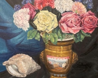 nature morte fleurs et coquillage tableau peinture huile sur toile /  still life flowers and shell oil painting on canvas