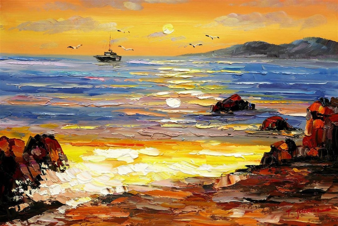 Paysage marin bateau tableau peinture signée huile sur toile / seascape ...