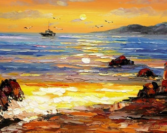 ポップアート風景画キャンバス油絵/ポップアート海景ボート油絵