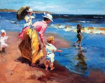 sailor landscape children at beach painting oil on canvas /seascape children at beach oil painting on canvas