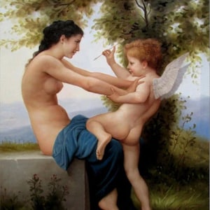 portrait of a young girl defending herself after Bouguereau oil painting on canvas signed / girl defending herself oil painting on canvas