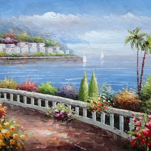 20x24 Promenade along the Ocean Coast Oil Painting Naturalism Mediterranean