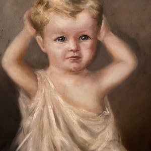 Antique Oil Painting Of Little Boy On Board Original Gorgeous Frame.