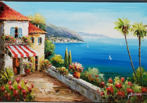 絵画　油絵　油彩　Wells　風景画　景色　海辺の町　地中海 絵画 油絵 油彩 Wells 風景画 景色 海辺の町 地中海 絵画 油絵