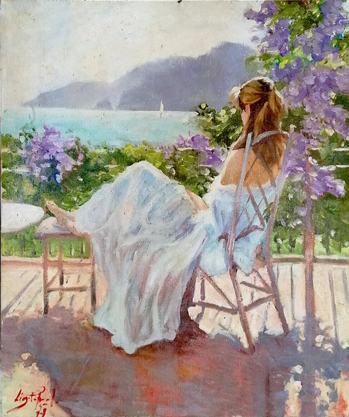 Portrait Young Girl Terrace in the Garden Oil Painting on Canvas