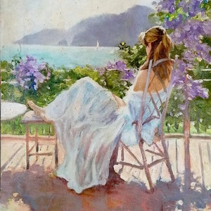 portrait young girl terrace in the garden oil painting on canvas / young girl in the garden oil painting on canvas