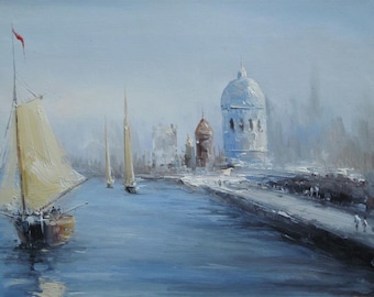 海景ボートの絵画 キャンバスにアクリル絵の具 サイン入り