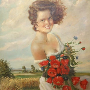 Tableau Sur Toile Avec Cadre femme Avec Chapeau De Fleurs 80x120 Cm