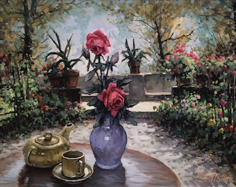 静物画 ピンクの花 油絵 キャンバス / 静物画 バラ 油絵 キャンバス