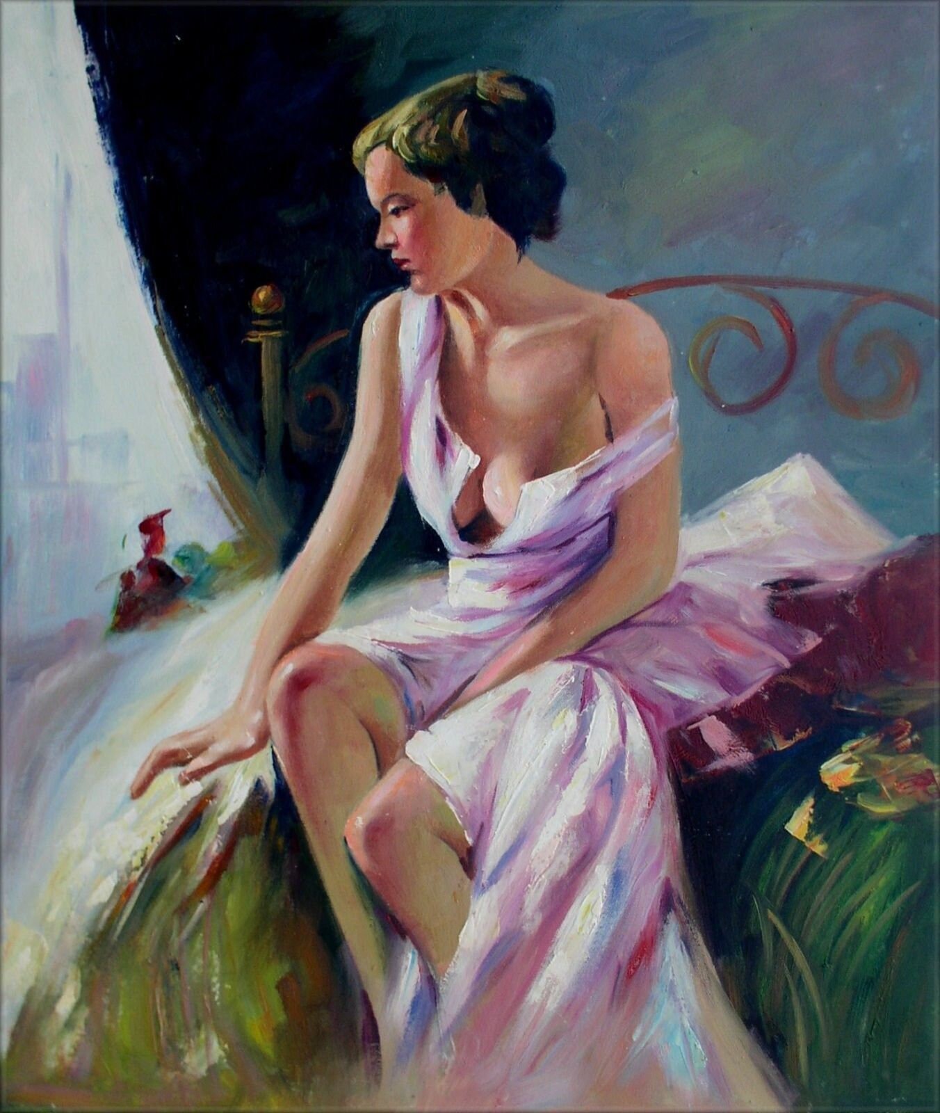 Retrato mujer pecho desnudo pintura al óleo sobre lienzo / imagen