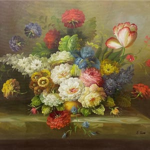 静物画 花束 花 花瓶の絵 キャンバスに油絵 サイン入り / キャンバスに