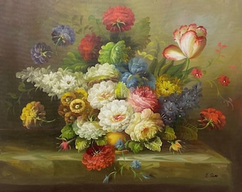 静物画 花束 花 花瓶の絵 キャンバスに油絵 サイン入り / キャンバスに