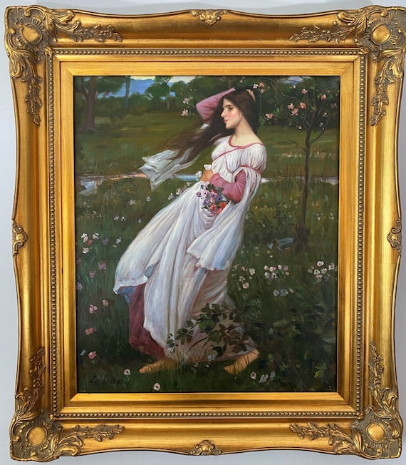 Large Oil Painting - Barefoot Woman Picking Flowers - Ornate Gold
