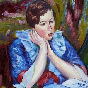 portrait young woman in blue dress oil painting on canvas / young woman with blue dress oil painting on canvas