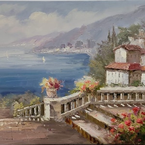 landscape village sea view painting on canvas signed / landscape sea view oil painting on canvas