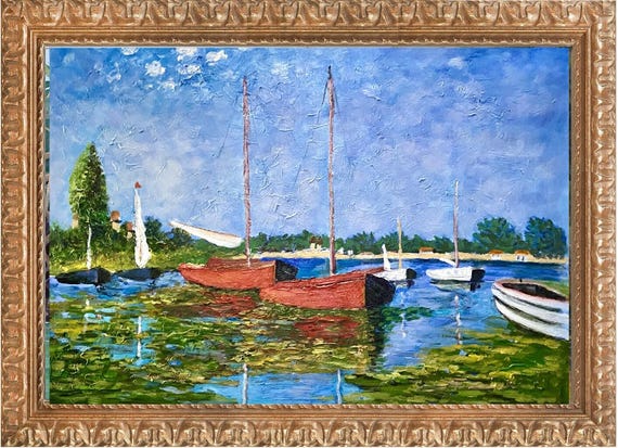 モネの「赤い舟」を模写した、質感のある油絵、60×90cm（24×36インチ