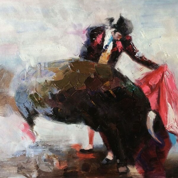 scene de corrida torero tableau peinture huile sur toile signée / oil painting on canvas bullfight