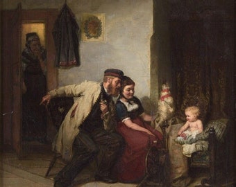original family life scene painting oil on canvas / Orginal painting of Friedrich Pondel Oil in canvas