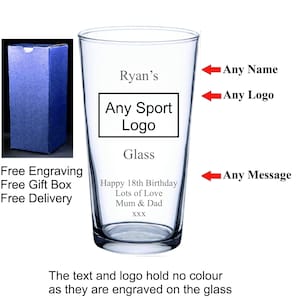 May include: A personalised engraved glass with space for a name, sport logo, and message. Includes a blue gift box. The text and logo are engraved on the glass. Ideal for a birthday gift.