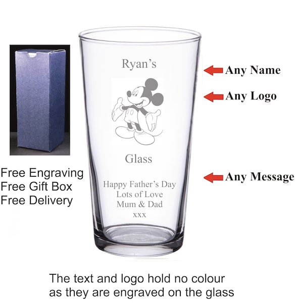Personalised 20oz Pint Glass, Mickey Mouse Birthday/Christmas Gift 10th 11th 12th 13th 14th 15th 16th 17th 18th 21st 30th 40th 50th 60th
