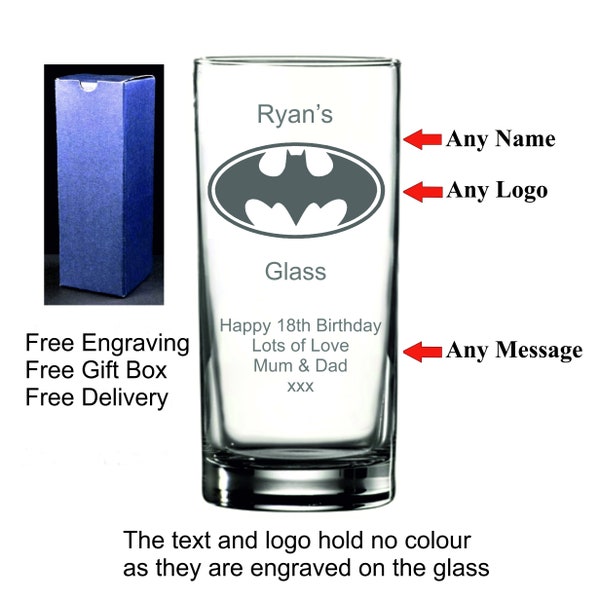 Personalised 12oz DC Logo Hiball Glass, Birthday/Christmas Gift 10th 11th 12th 13th 14th 15th 16th 17th 18th 21st 30th 40th 50th 60th