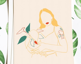 Tattooed woman with green potted plant, simple modern minimalist botanical illustration for botany lovers, Orianna