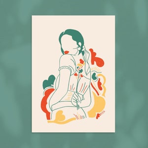 Maya dessin au trait une ligne, femme fleur, carte postale A6/A5