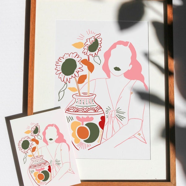 femme pot fleur de tournesol, affiche illustration romantique poetique amoureux des plantes, Alba