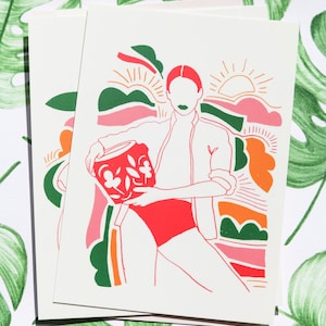 Portrait coloré femme à la plage, illustration vacance au soleil, Karen