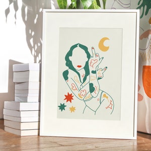 Freche Frau mit Mond und Stern, Farbdruck oder originale schwarze Tuschezeichnung zum Angebot an eine Feministin. A6/A5/A4/A3 Hitsujiko