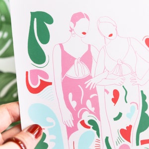 Margot & Cléo Carte de voeux Rose A6/A5. illustration graphique de femme. Cadeaux d’anniversaire pour elle.