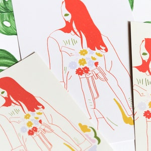 Mujer con un ramo de flores, ilustración de retrato floral de arte moderno. mona