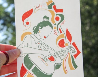 Woman playing guitar boho drawing print on postcard