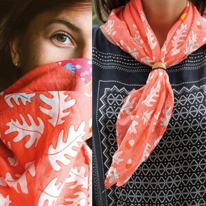 Summer scarf square coral pink, 90 x 90 cm illustration geisha pattern, gift for women image 2