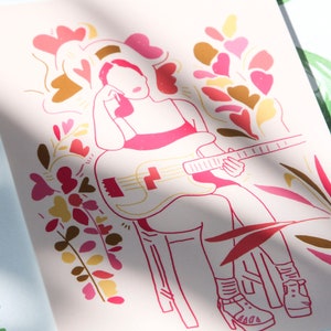illustration musicienne artiste guitare, rose ambiance bossa nova, Adeline