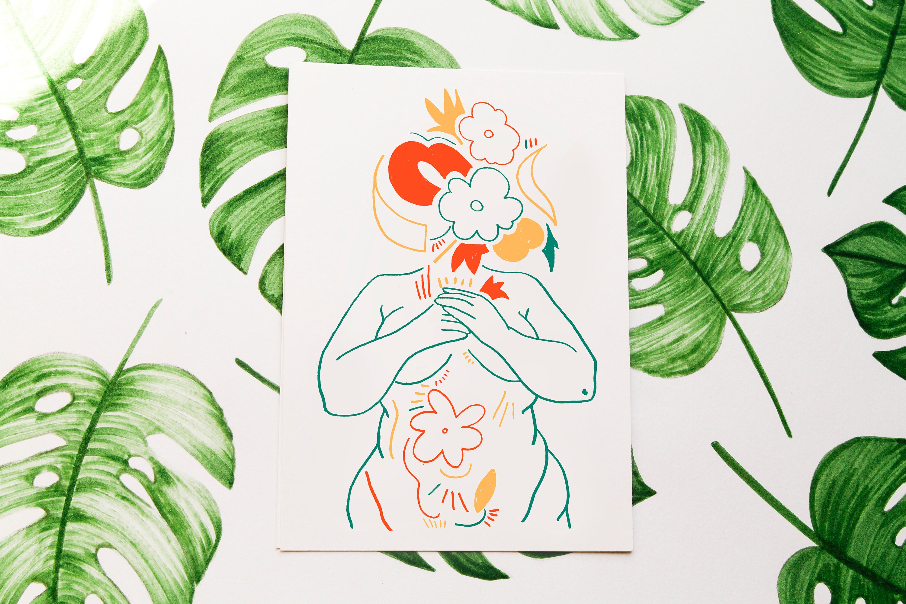 Dessin Au Trait Grosse Femme Nue avec Fleur, Embrasse Ton Corps de Venus.