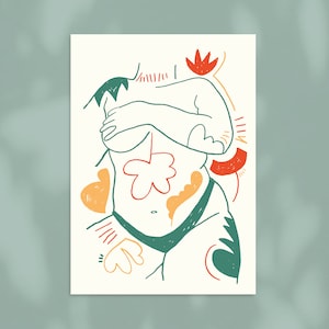 May include: A line drawing of a person with abstract shapes and colors. The person is drawn in a green outline and has a red flower on their shoulder. The background is white.