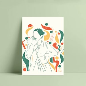 Dessin Femme Lisant, portrait lectrice art mural decoratif tropical cadeau pour elle bibliotheque. Simone