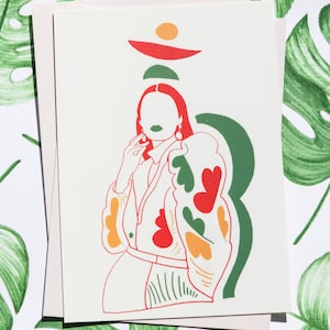 Manjira belle fashionista carte postale A6/A5/A4 dessin tendance rouge vert jaune
