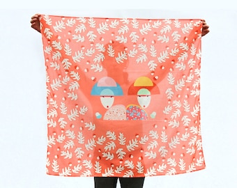 Summer scarf square coral pink, 90 x 90 cm illustration geisha pattern, gift for women