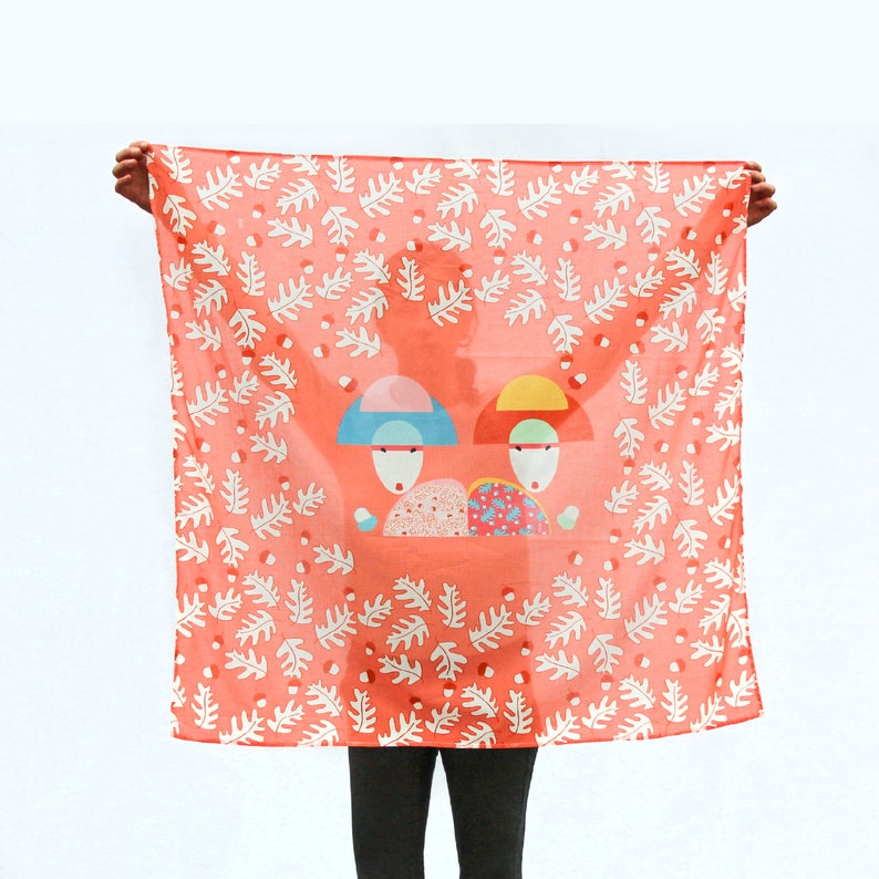 Summer scarf square coral pink, 90 x 90 cm illustration geisha pattern, gift for women image 1