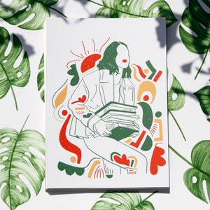 Illustration de femme lectrice bohème avec pile de livres - Décoration pour bibliothèque chambre - "Blandine" - Exclusif marque-page offert