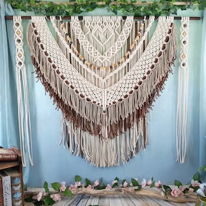 Custom Hanging Macrame Headboard for Bedroom Wall Decoration - Large Boho Tapestry for Home Decor - Beaded Fiber Art Above Bed Decor