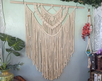 Beaded Macrame Wall Hanging for Boho Farmhouse Decor, Custom Bead Colors, Large Wall Art for Over / Above Bed Hanging Headboard